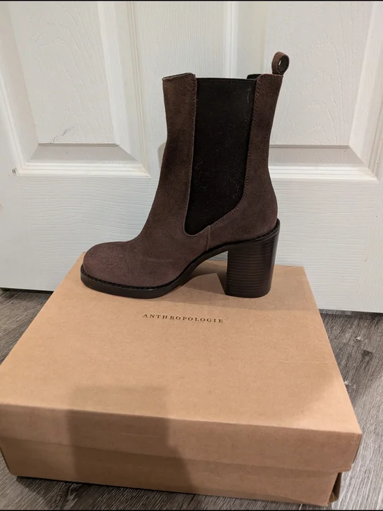Anthropologie Brown Suede Chelsea Block Heel Booties - Picture 2 of 4